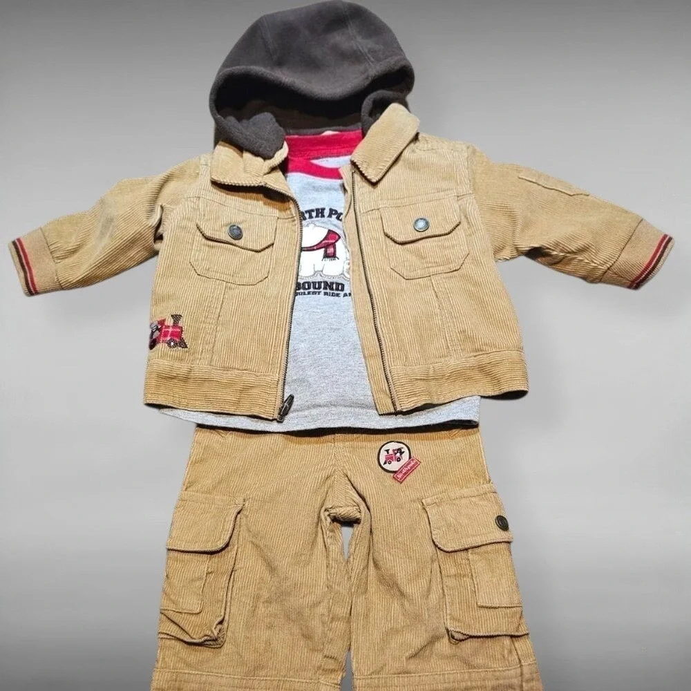 Vintage Y2K Carters Train Corduroy Pants Hooded Jacket Outfit Set Boys Tan 12M